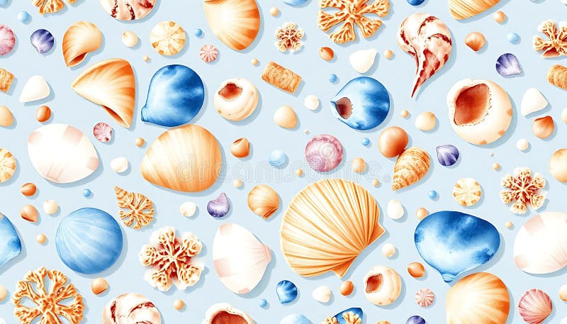 Seamless pattern colorful seashells starfish beach theme blue background summer ocean vibe. Stock Photo, Generative AI stock illustration