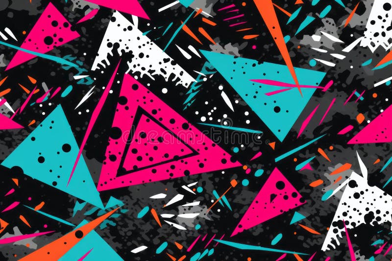Seamless pattern with colorful triangles and dots on a black background generative ai