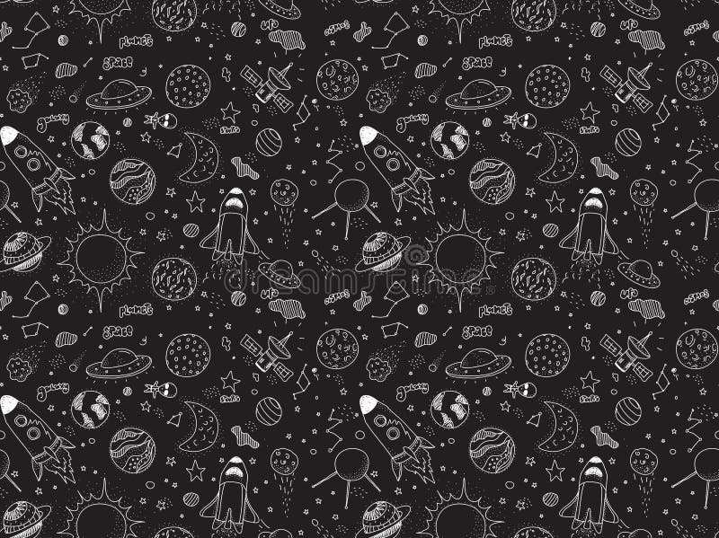 Seamless pattern. Cosmic objects set. Hand drawn vector doodles. Rockets, planets, constellations, ufo, stars, etc