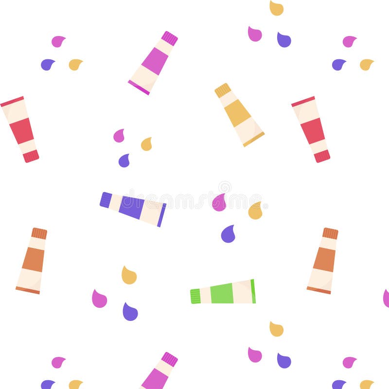 Seamless Pattern for Creativity Print. Paints in Tubes, Drops. Vector Illustrations 8 Eps Stock