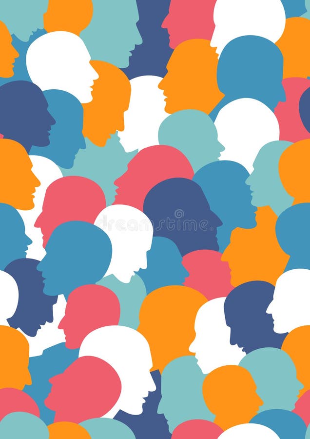 Seamless pattern of a crowd of many different people profile heads stock illustration