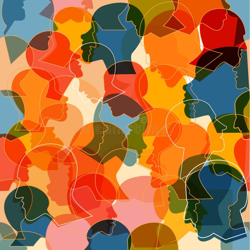 Seamless pattern of a crowd of many different people profile heads. Vector background vector illustration