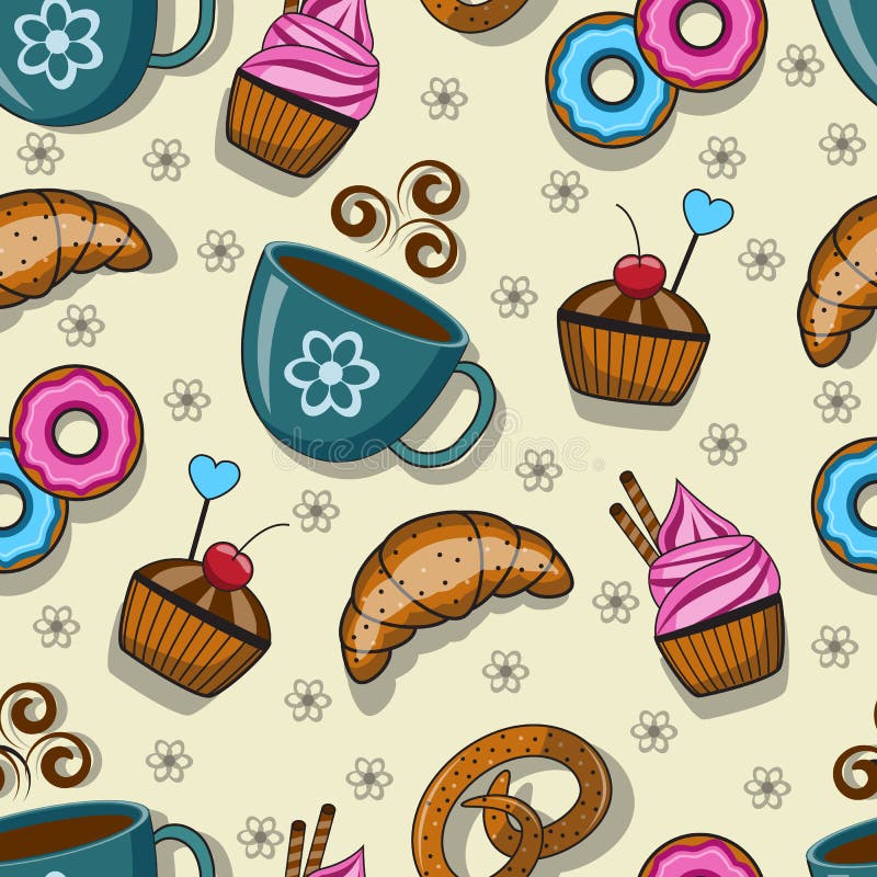 Seamless pattern with cups and sweets