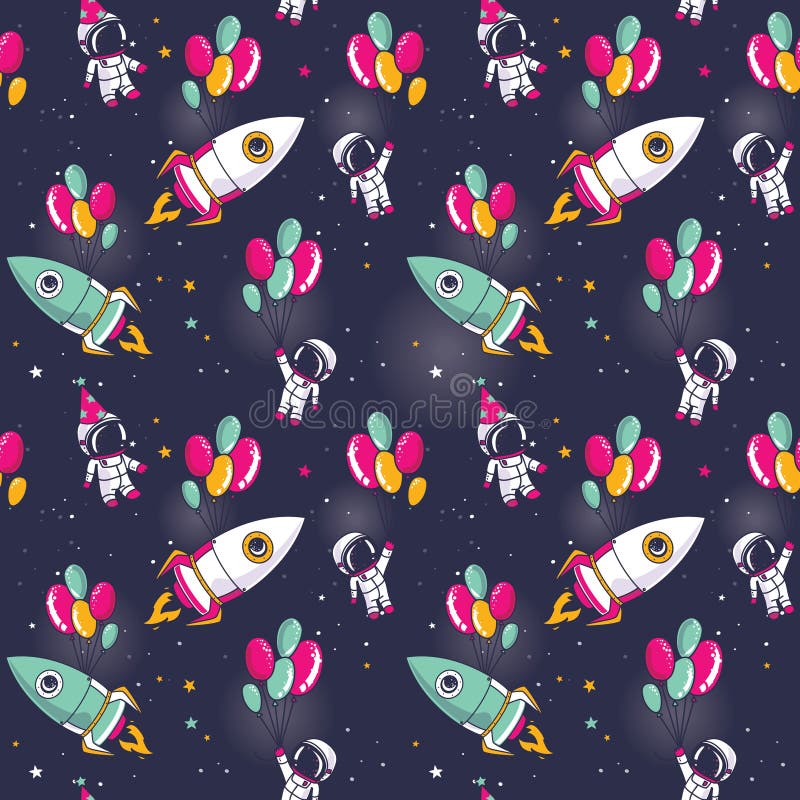 Seamless pattern with cute astronauts and rockets on balloons in space royalty free illustration Seamless pattern with cute astronauts and rockets on balloons in space royalty free illustration