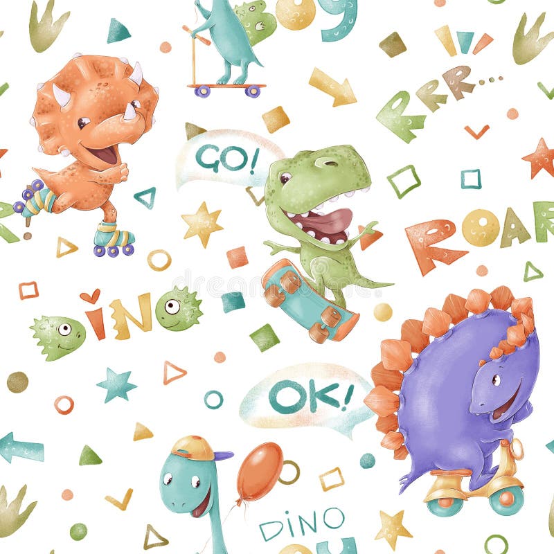 Seamless pattern. Cute cartoon dinosaurs. Print for the children&#x27;s room.