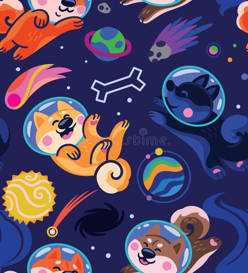 Seamless pattern with cute cartoon huskies astronauts in the space royalty free illustration