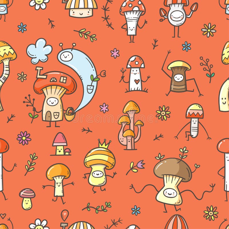 Seamless Pattern with Cute Cartoon Mushrooms on Red Background. Funny  Doodle Character Wallpapers. Childish Vector Print. Stock Vector -  Illustration of nice, fictional: 218711592