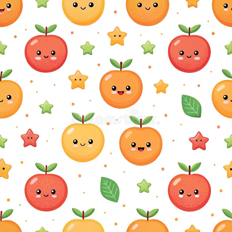 Seamless pattern with cute cartoon oranges and apples, stars and leaves on white background,. Seamless pattern bright oranges stock images, royalty-free photos and pictures