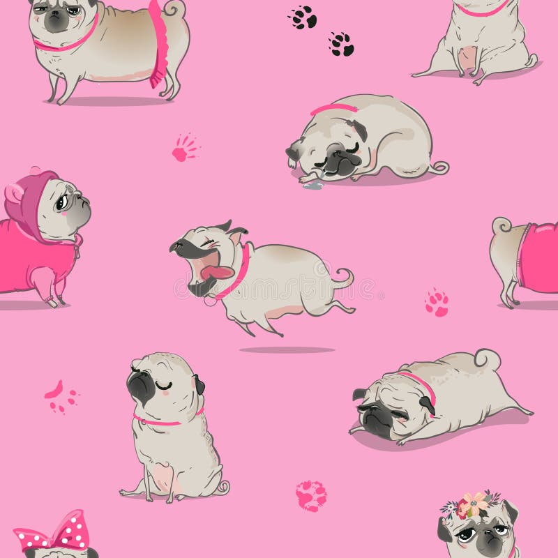 Seamless pattern with cute cartoon pug stock illustration