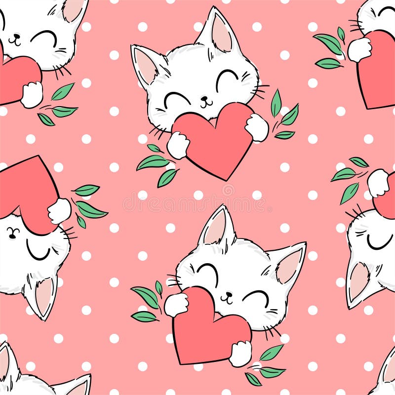 Seamless Pattern Cute Cat and Heart Background. Polkadot. Vector ...