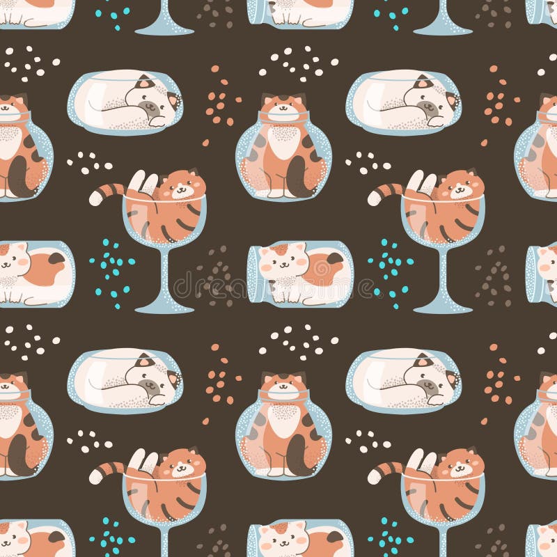 Seamless Pattern with Cute Cats Sitting in Glass Jars Stock Vector