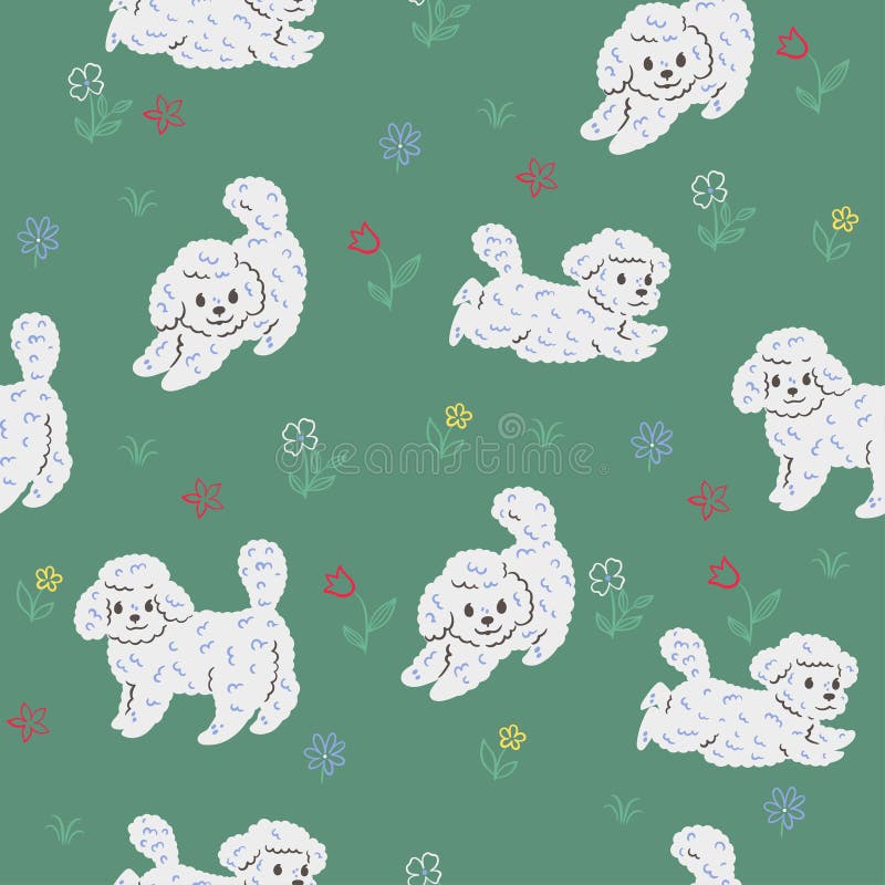 Seamless Pattern with Cute Dogs and Flowers. Vector Graphics Stock