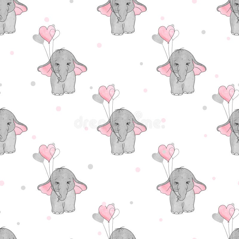 Seamless Pattern with Cute Watercolor Elephants and Heart Balloons ...