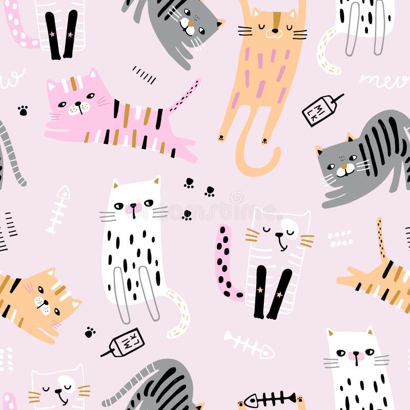 Seamless Pattern With Cute Hand Drawn Cats Creative Cartoon Kittens