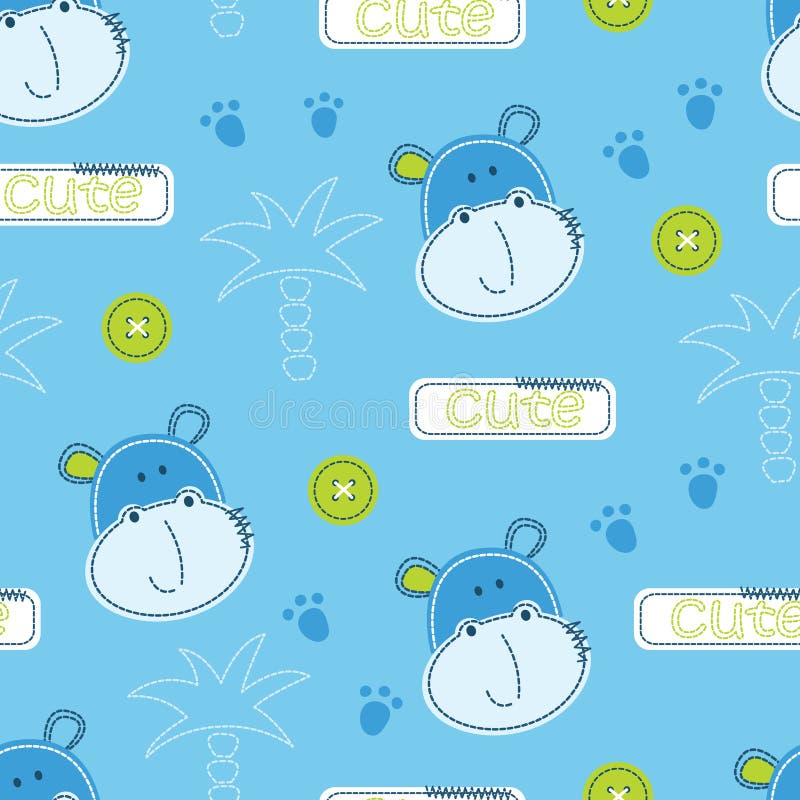 Cute hippo and palms seamless pattern vector illustration Cute hippo and palms seamless pattern vector illustration