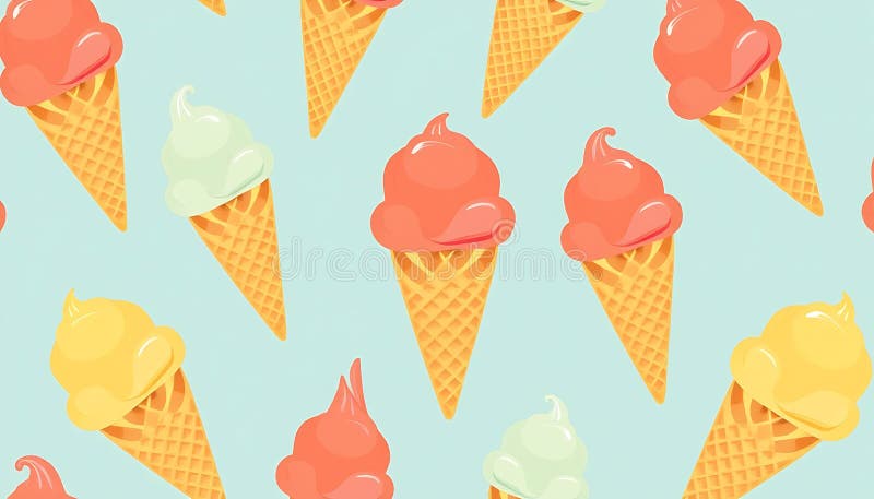 Seamless pattern cute ice cream cones various flavors pastel colors summer joy, Stock Photo, Generative AI royalty free illustration