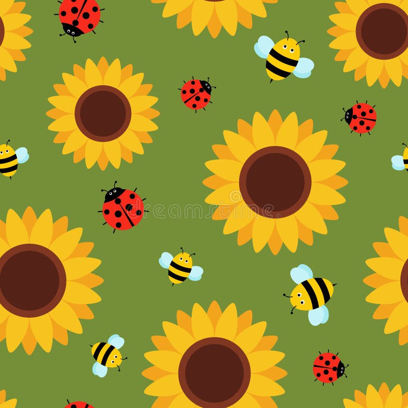 Seamless Pattern with Cute Insects and Flowers. Bee, Ladybug and Sunflowers  Cartoon Style Stock Vector - Illustration of line, decoration: 196933122