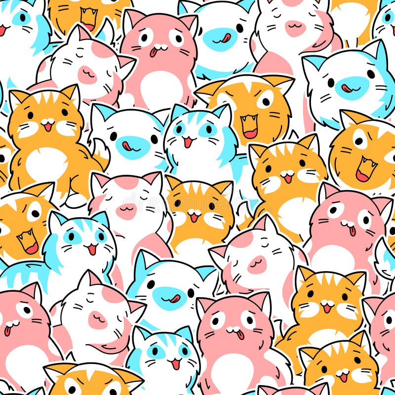 Set of Kawaii Cats with Different Facial Stock Vector - Illustration of ...
