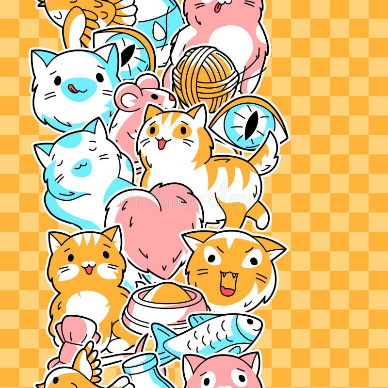 Set of Kawaii Cats with Different Facial Stock Vector - Illustration of ...