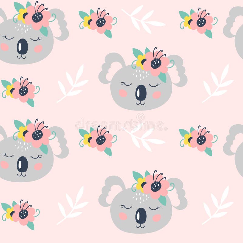 Seamless Pattern With Cute Koala On A Pink Background. Vector Stock