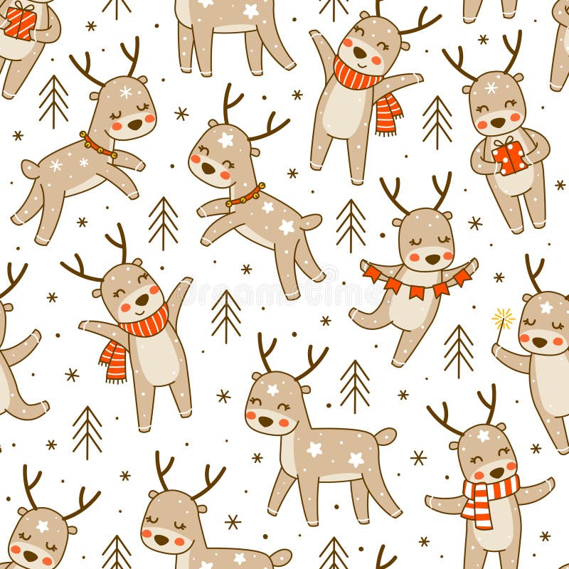 Seamless pattern with cute little deers isolated on white background - cartoon characters for funny Christmas and New Year winter