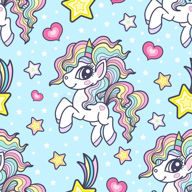 Seamless Pattern With Cute Little Unicorns On A Blue Background