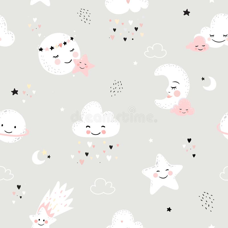 Cute Moon and Star, Nursery Seamless Pattern Stock Vector - Illustration of  happy, cute: 185771616
