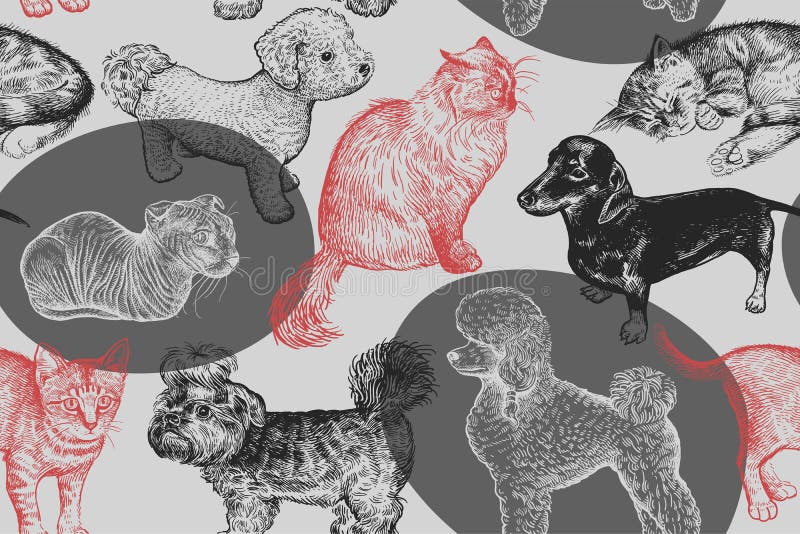 Seamless pattern. Cute puppies and kittens. Hand-made drawing of stock illustration Seamless pattern. Cute puppies and kittens. Hand-made drawing of stock illustration
