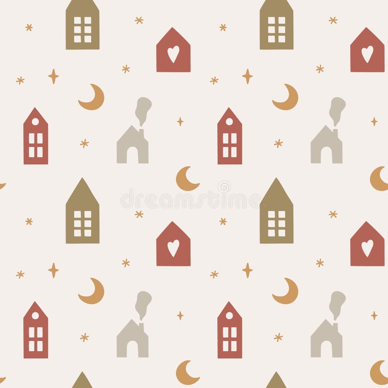 Seamless pattern with cute scandinavian houses, moon and stars. stock illustration
