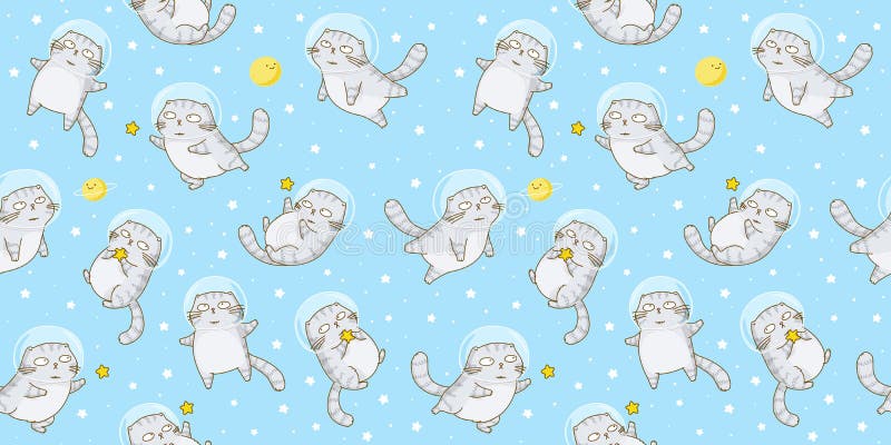 Seamless pattern with cute scottish fold cats astronauts