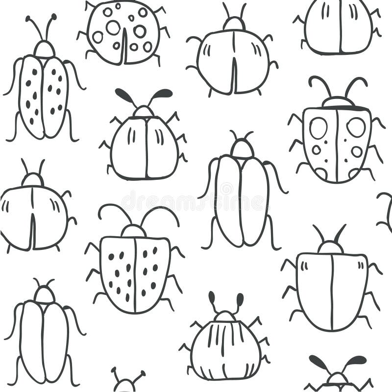 Seamless pattern with decorative outline bugs. Line hand drawn doodle vector background. Scandinavian style illustration. For modern and original textile, wrapping paper, kids, teenages - Vector. Seamless pattern with decorative outline bugs. Line hand drawn doodle vector background. Scandinavian style illustration. For modern and original textile, wrapping paper, kids, teenages - Vector