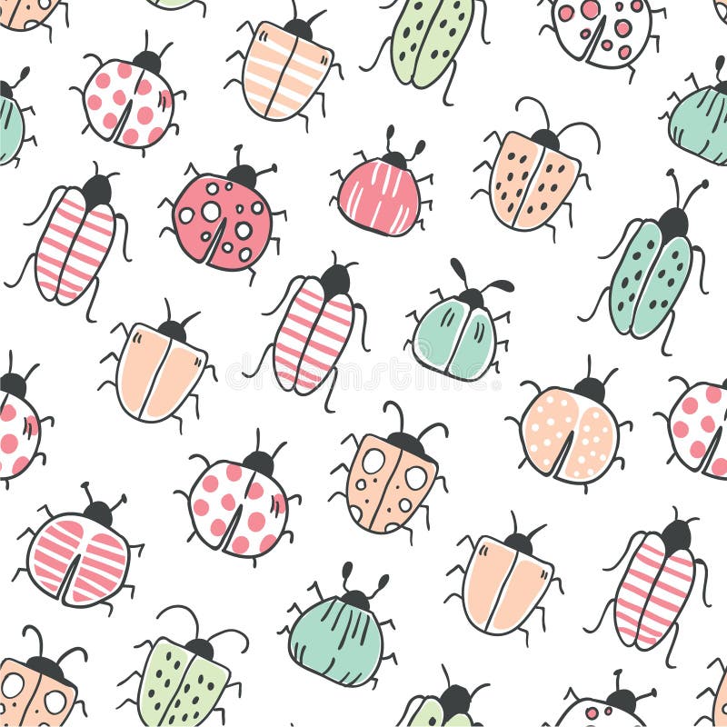 Seamless pattern with decorative colorful bugs. Colorful hand drawn doodle vector background. Scandinavian style illustration. For modern and original textile, wrapping paper, kids, teenages - Vector. Seamless pattern with decorative colorful bugs. Colorful hand drawn doodle vector background. Scandinavian style illustration. For modern and original textile, wrapping paper, kids, teenages - Vector