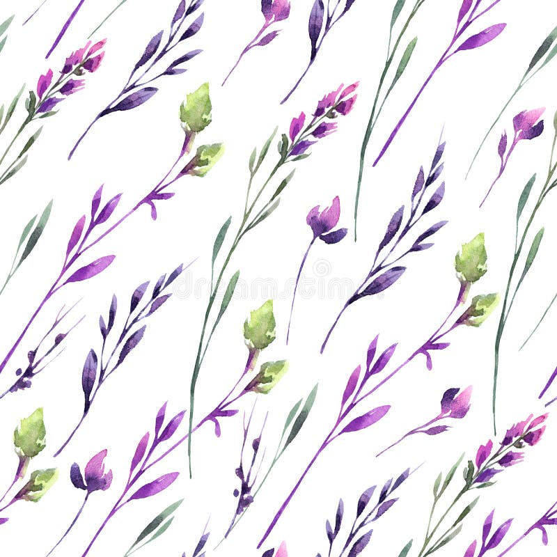 Seamless pattern delicate flowers and plants. Summer and spring watercolor illustration. Botanical texture in violet