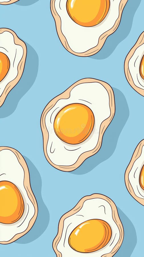 Seamless pattern of delicious, perfectly cooked fried eggs creating a visually appealing culinary design against a vibrant blue stock photography