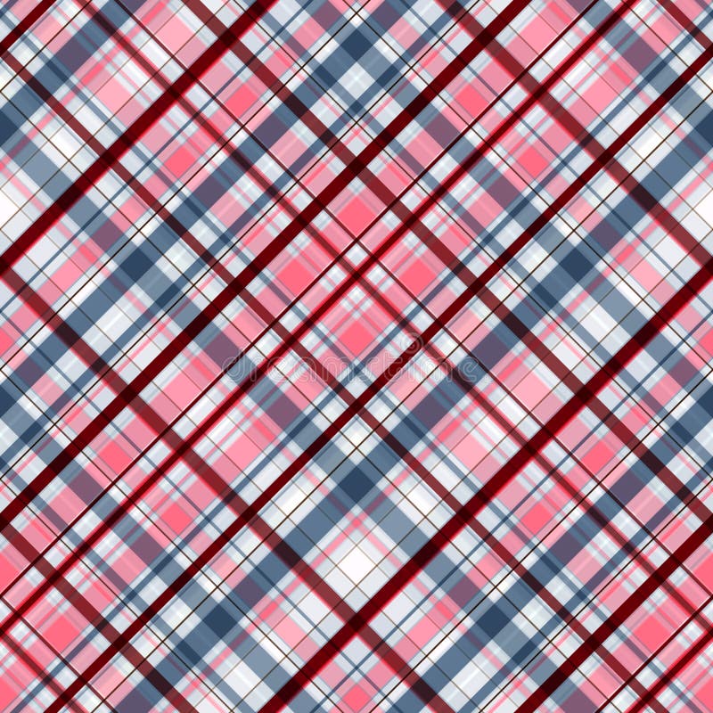 Seamless pattern of diagonally intersecting stripes of pink, blue and dark scarlet shades. Checkered print on a light background. For the manufacture of modern, beautiful and quality products