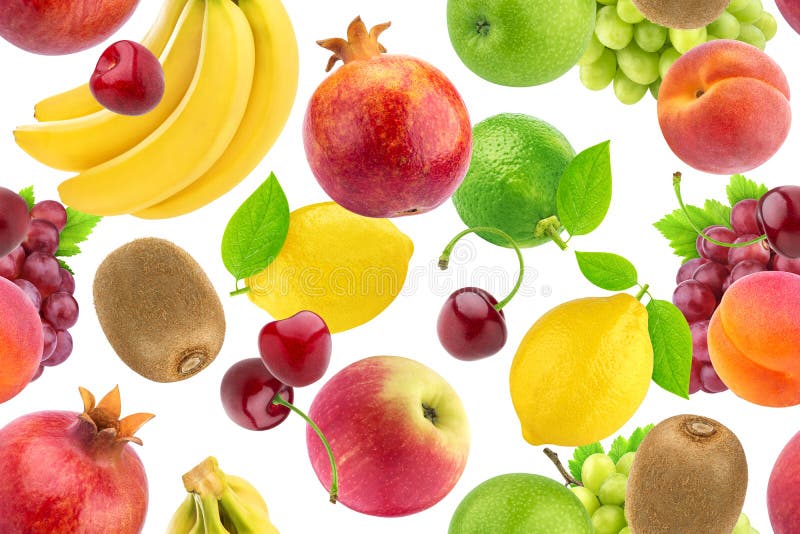 Seamless pattern of different fruits and berries. Falling tropical fruits isolated on white background royalty free stock image Seamless pattern of different fruits and berries. Falling tropical fruits isolated on white background royalty free stock image