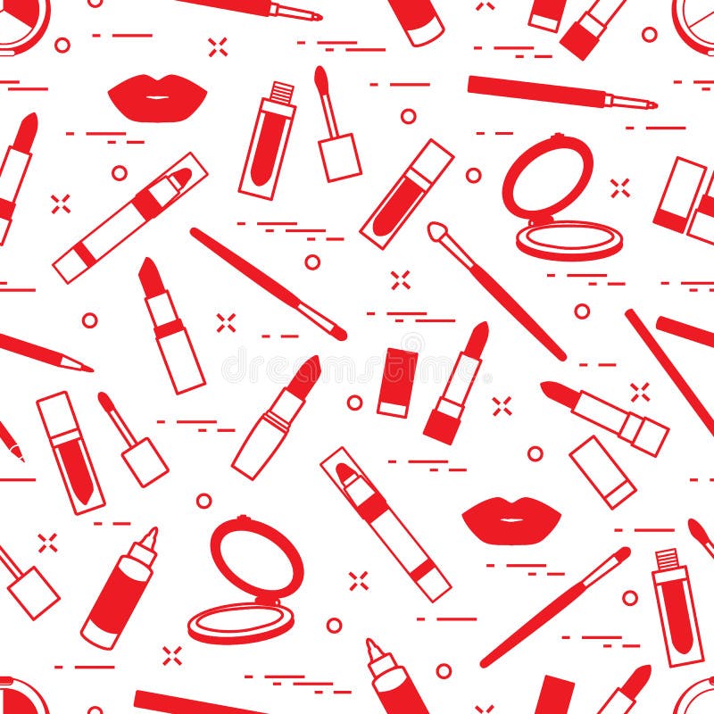 Seamless pattern of different lip make-up tools. Vector illustration of lipsticks, mirror, lip liner, lip gloss and other. Glamour fashion vogue style. Applicator stick vectors