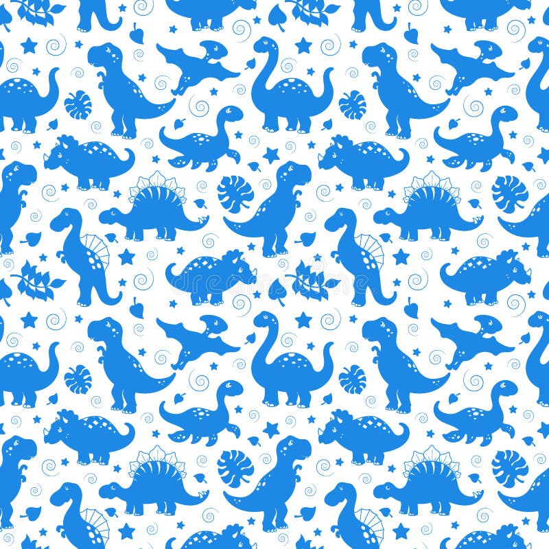 Seamless Illustration with Dinosaurs and Leaves, Simple Blue