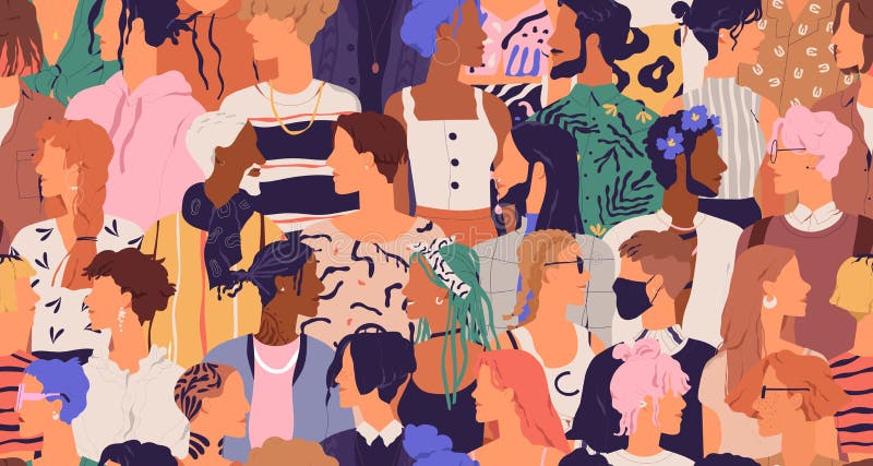 Seamless pattern of diverse modern people. Human crowd with different multiracial men and women. Endless repeatable royalty free illustration