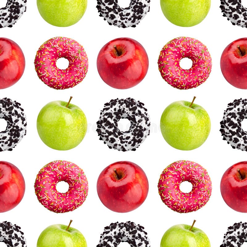 Seamless pattern donuts, red and green apples on white background isolated, healthy vs junk food concept, cakes or fruits diet