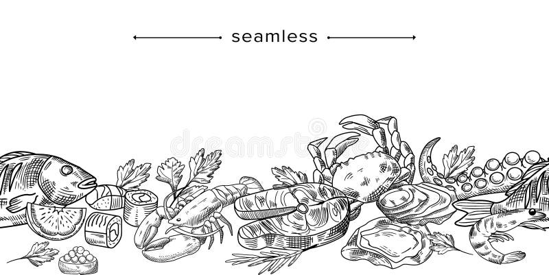 Seamless Pattern with Doodle Seafood Composition, Hand Drawn Fish, Lemon Slice, Lobster, Shrimp and Crab. Border