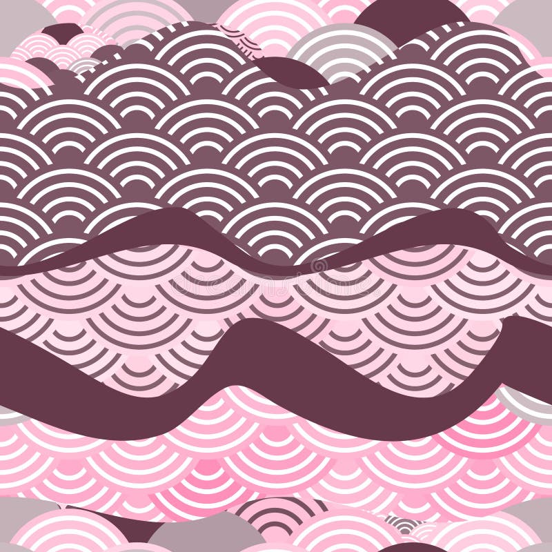 Seamless pattern dragon fish scales simple Nature background with japanese wave circle pattern dark brown burgundy maroon pink bac