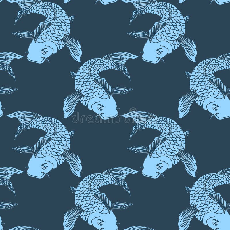 Seamless Pattern Drawn Realistic Fish Catfish on a Blue Background