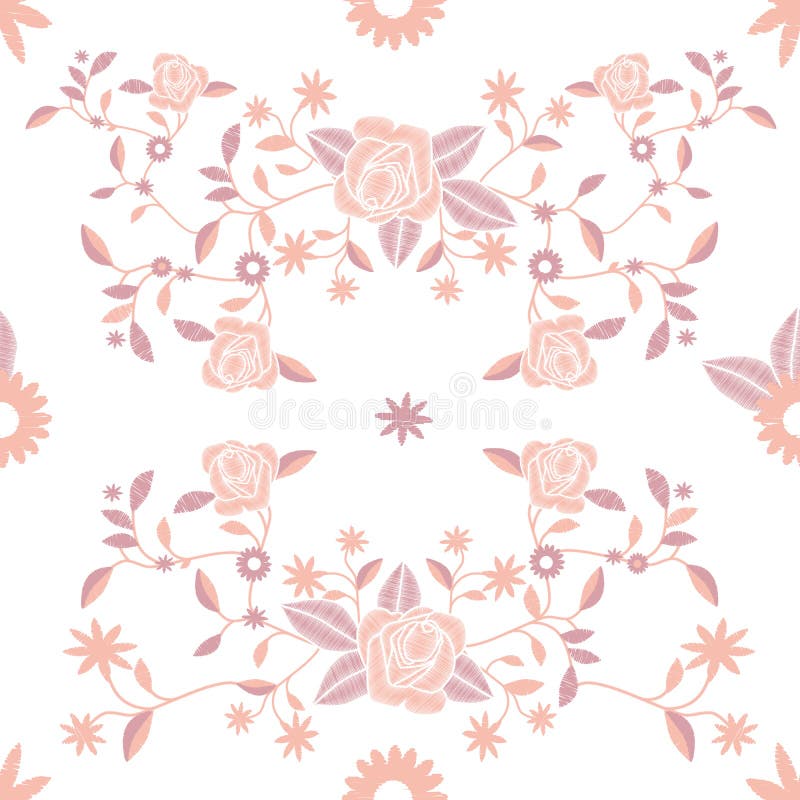 Seamless pattern of embroidered flowers on white background. royalty free illustration Seamless pattern of embroidered flowers on white background. royalty free illustration