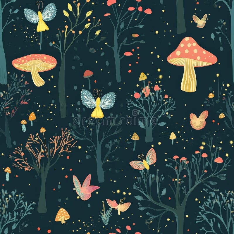 A seamless pattern of enchanted forests, with glowing mushrooms, talking trees, and tiny fairy wings