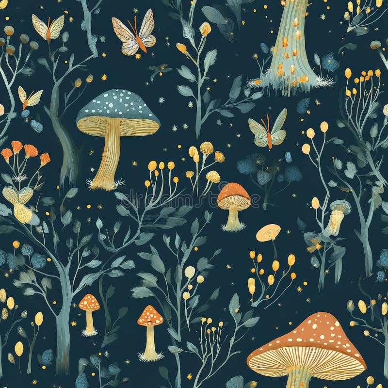 A seamless pattern of enchanted forests, with glowing mushrooms, talking trees, and tiny fairy wings