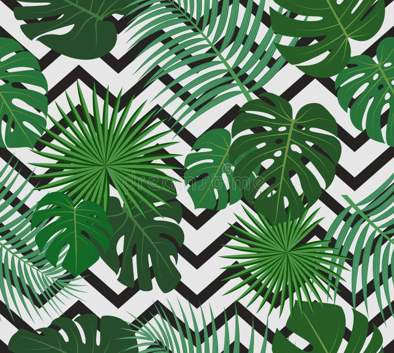 Seamless pattern of exotic jungle tropical palm leaves on black and white zig zag background royalty free illustration Seamless pattern of exotic jungle tropical palm leaves on black and white zig zag background royalty free illustration