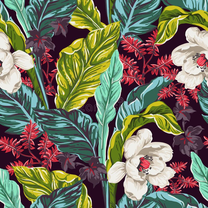 Seamless pattern of exotic leaves stock illustration