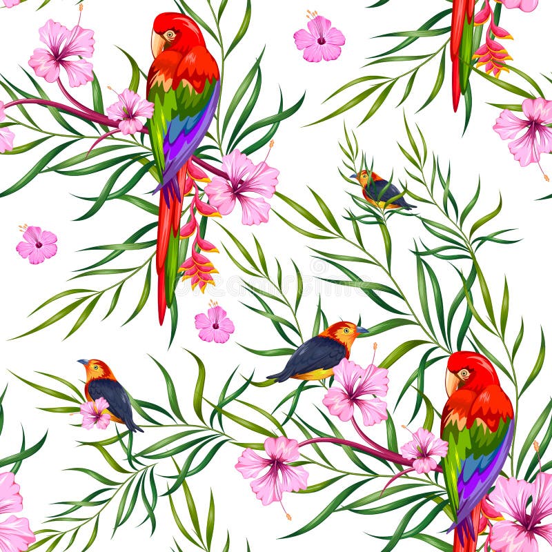 Seamless Pattern with Exotic Tropical Flower and colorful bird stock illustration Seamless Pattern with Exotic Tropical Flower and colorful bird stock illustration