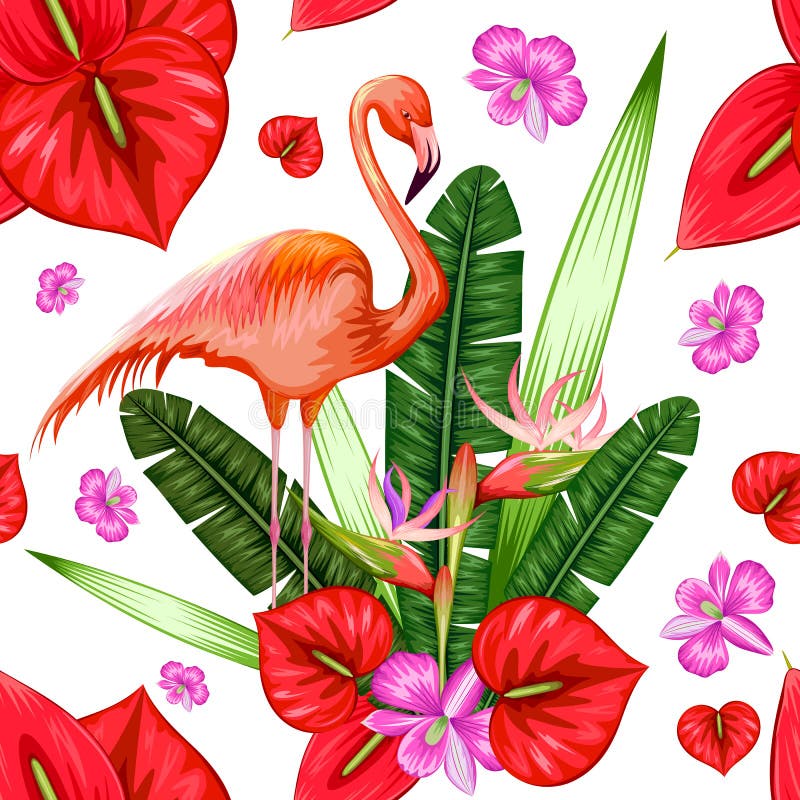 Seamless Pattern with Exotic Tropical Flower and Flamingo royalty free illustration Seamless Pattern with Exotic Tropical Flower and Flamingo royalty free illustration